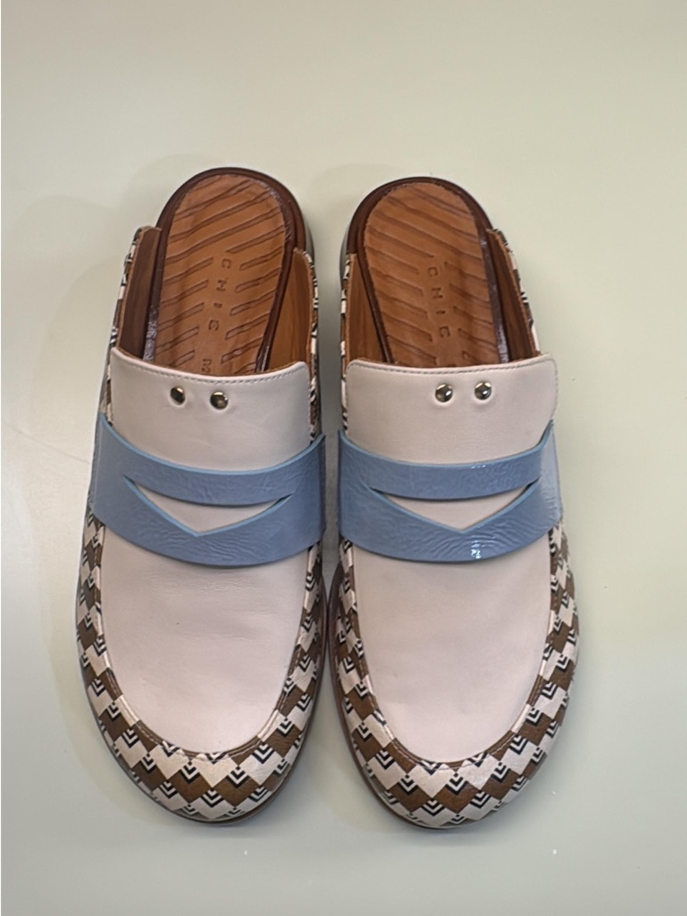 Chie Mihara Cream and Light Blue Patterned-Trim Slip-On Loafers - Picture 2 of 4